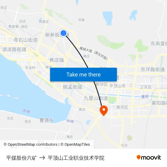 平煤股份六矿 to 平顶山工业职业技术学院 map