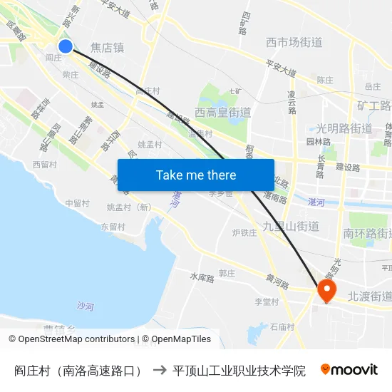 阎庄村（南洛高速路口） to 平顶山工业职业技术学院 map