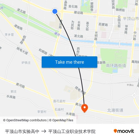 平顶山市实验高中 to 平顶山工业职业技术学院 map