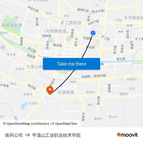 医药公司 to 平顶山工业职业技术学院 map