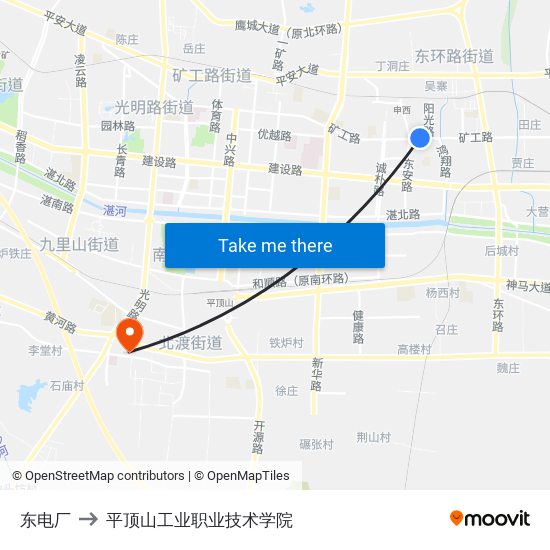 东电厂 to 平顶山工业职业技术学院 map