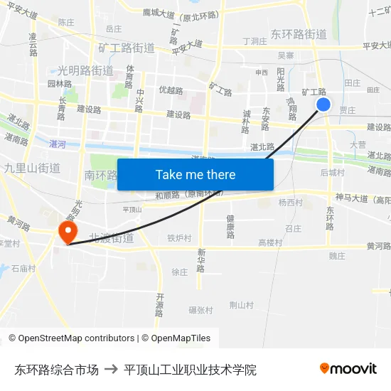 东环路综合市场 to 平顶山工业职业技术学院 map
