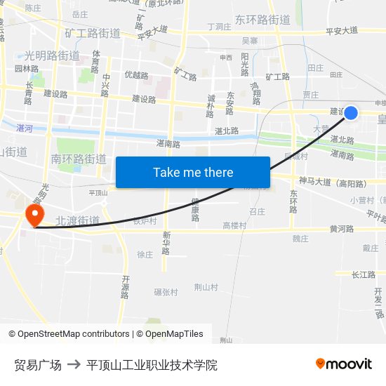 贸易广场 to 平顶山工业职业技术学院 map