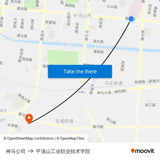 神马公司 to 平顶山工业职业技术学院 map