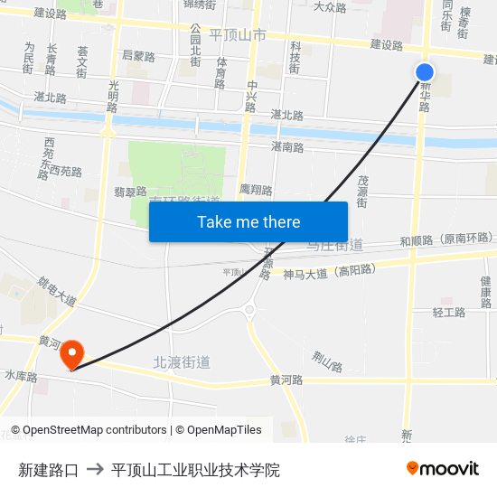 新建路口 to 平顶山工业职业技术学院 map