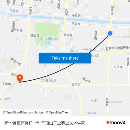 新华路湛南路口 to 平顶山工业职业技术学院 map