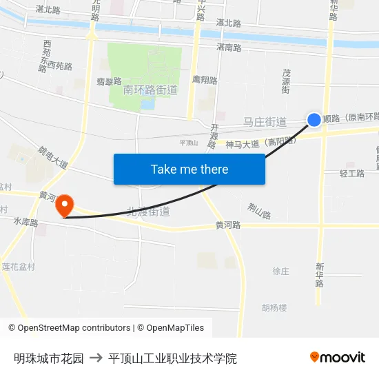 明珠城市花园 to 平顶山工业职业技术学院 map