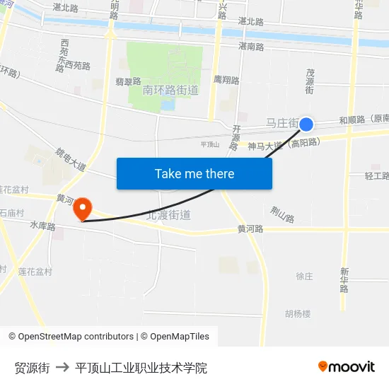 贸源街 to 平顶山工业职业技术学院 map
