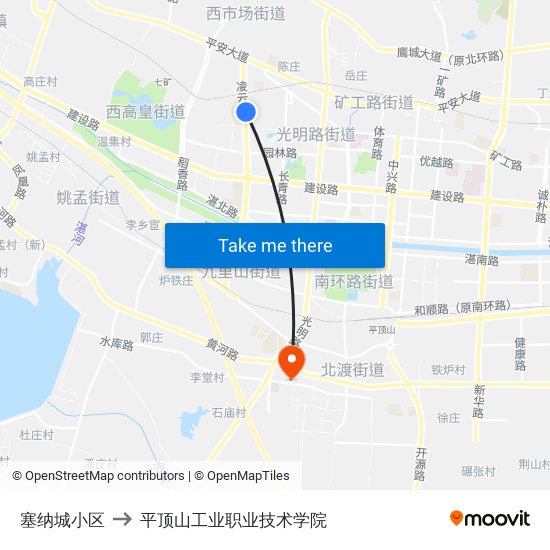 塞纳城小区 to 平顶山工业职业技术学院 map