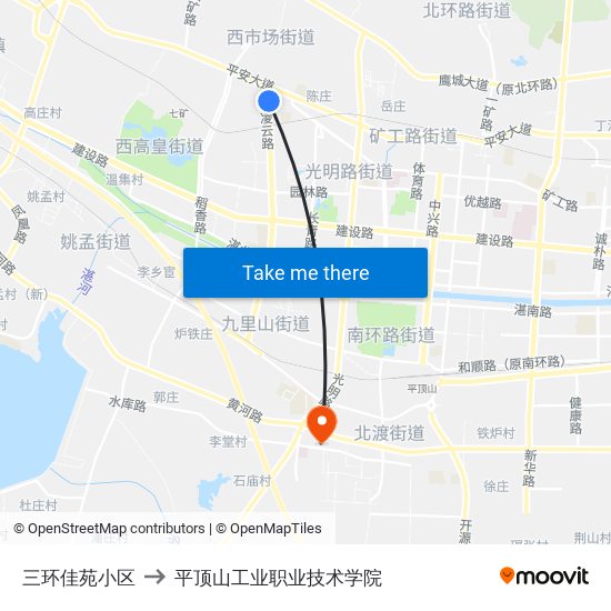 三环佳苑小区 to 平顶山工业职业技术学院 map