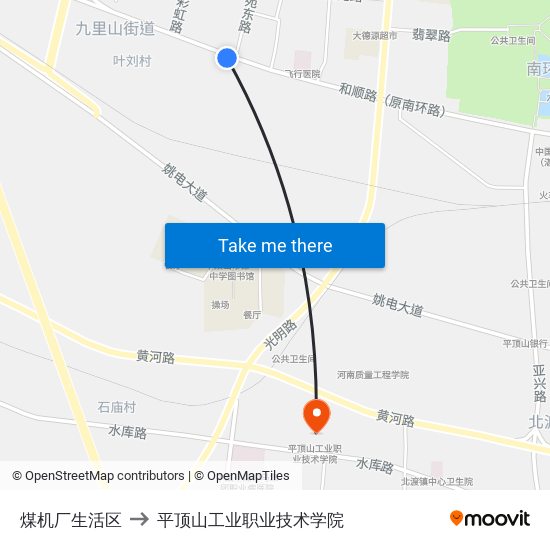 煤机厂生活区 to 平顶山工业职业技术学院 map