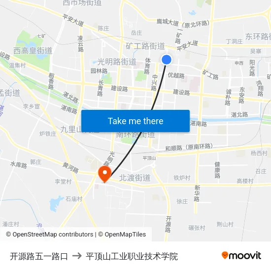 开源路五一路口 to 平顶山工业职业技术学院 map