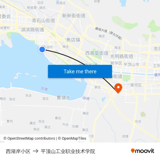 西湖岸小区 to 平顶山工业职业技术学院 map