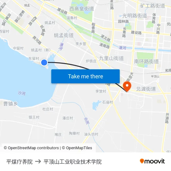 平煤疗养院 to 平顶山工业职业技术学院 map