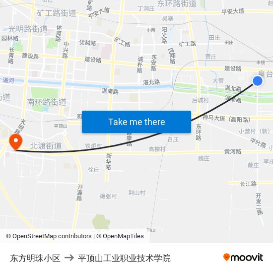 东方明珠小区 to 平顶山工业职业技术学院 map