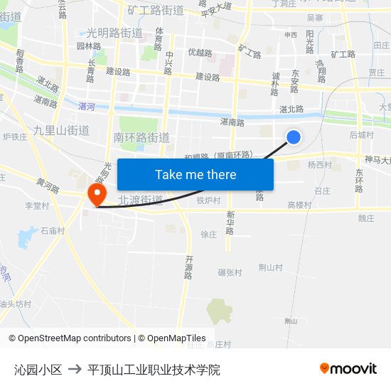 沁园小区 to 平顶山工业职业技术学院 map