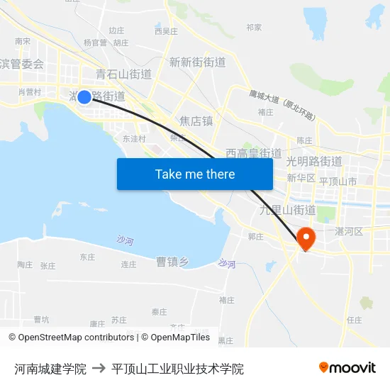 河南城建学院 to 平顶山工业职业技术学院 map