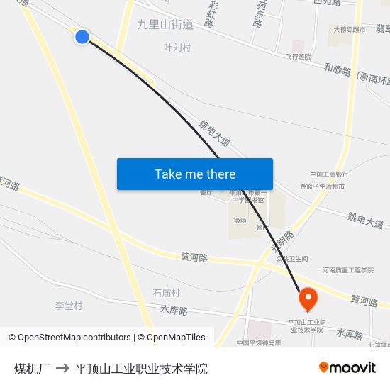 煤机厂 to 平顶山工业职业技术学院 map