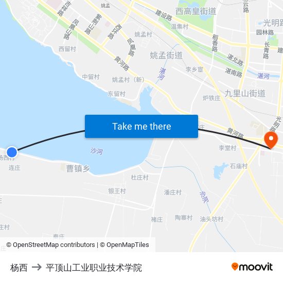 杨西 to 平顶山工业职业技术学院 map