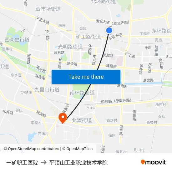 一矿职工医院 to 平顶山工业职业技术学院 map