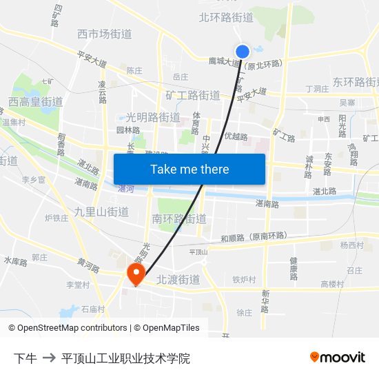 下牛 to 平顶山工业职业技术学院 map