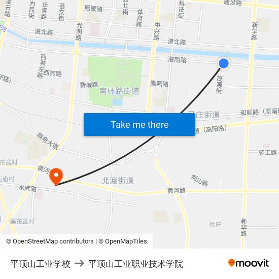 平顶山工业学校 to 平顶山工业职业技术学院 map