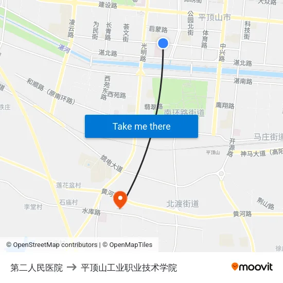 第二人民医院 to 平顶山工业职业技术学院 map