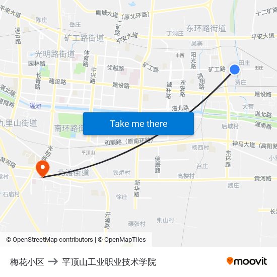 梅花小区 to 平顶山工业职业技术学院 map