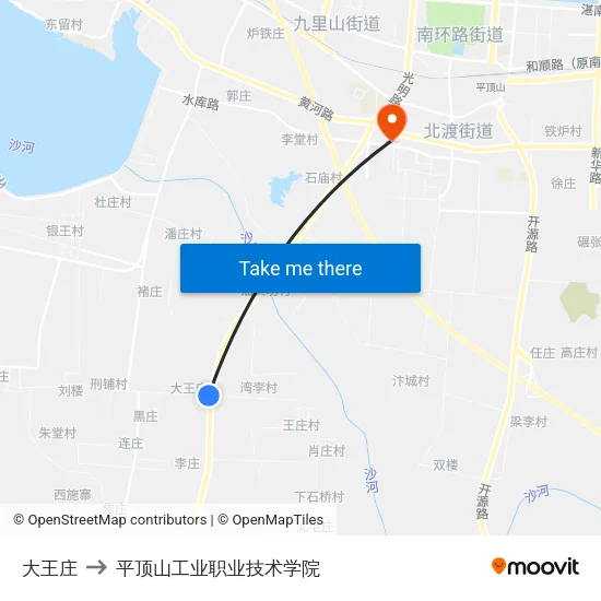 大王庄 to 平顶山工业职业技术学院 map