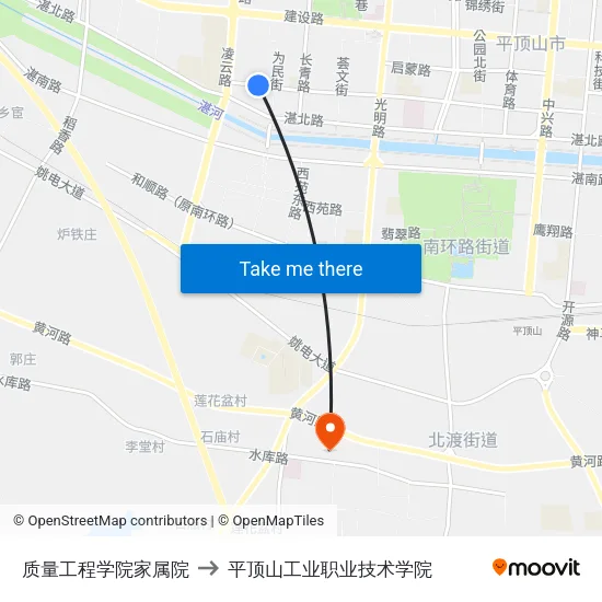 质量工程学院家属院 to 平顶山工业职业技术学院 map