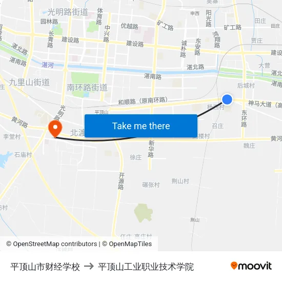 平顶山市财经学校 to 平顶山工业职业技术学院 map