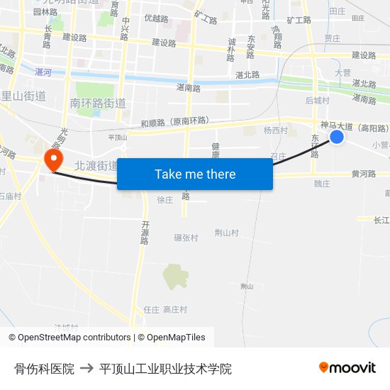 骨伤科医院 to 平顶山工业职业技术学院 map