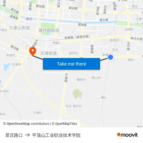 景庄路口 to 平顶山工业职业技术学院 map