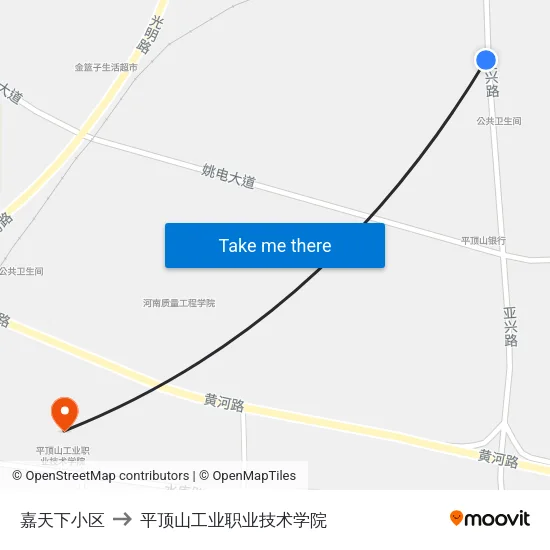 嘉天下小区 to 平顶山工业职业技术学院 map