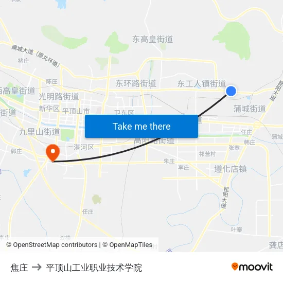 焦庄 to 平顶山工业职业技术学院 map