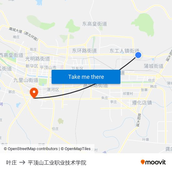 叶庄 to 平顶山工业职业技术学院 map