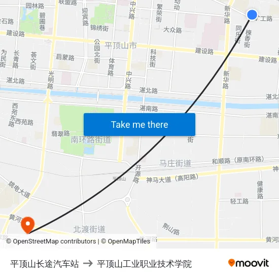 平顶山长途汽车站 to 平顶山工业职业技术学院 map