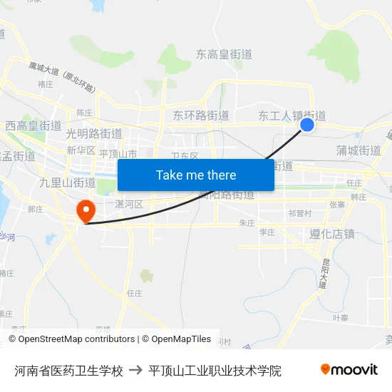 河南省医药卫生学校 to 平顶山工业职业技术学院 map