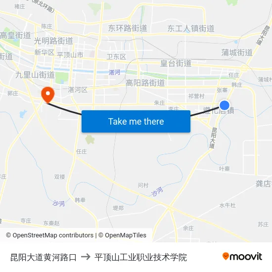 昆阳大道黄河路口 to 平顶山工业职业技术学院 map