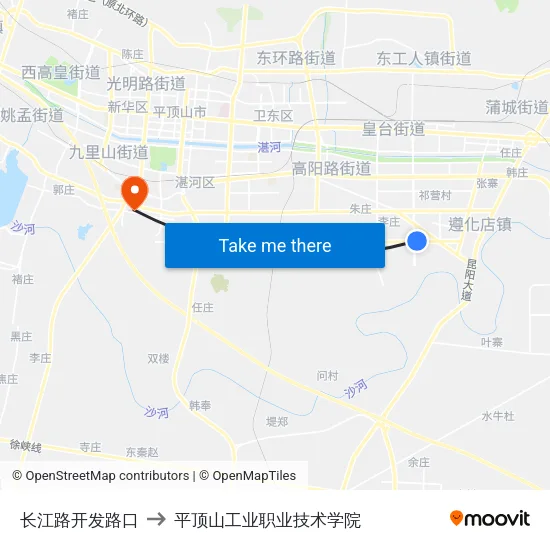 长江路开发路口 to 平顶山工业职业技术学院 map