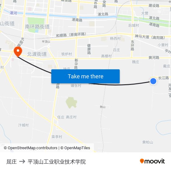 屈庄 to 平顶山工业职业技术学院 map
