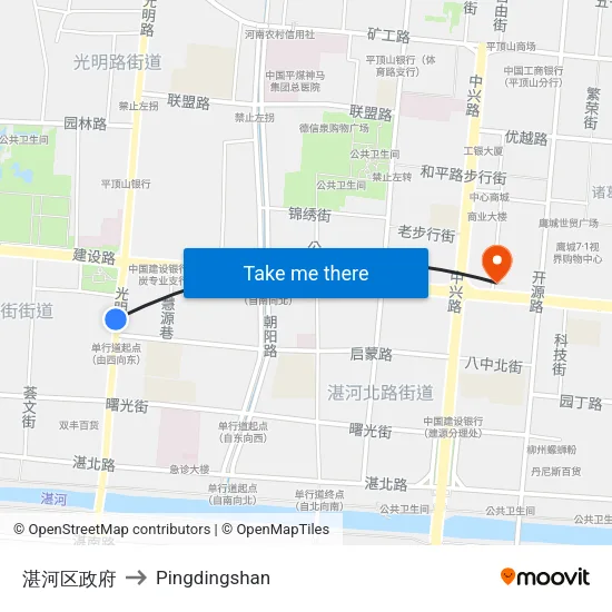 Zhanhe District Government to Pingdingshan map