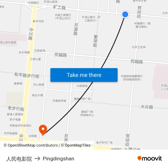 人民电影院 to Pingdingshan map