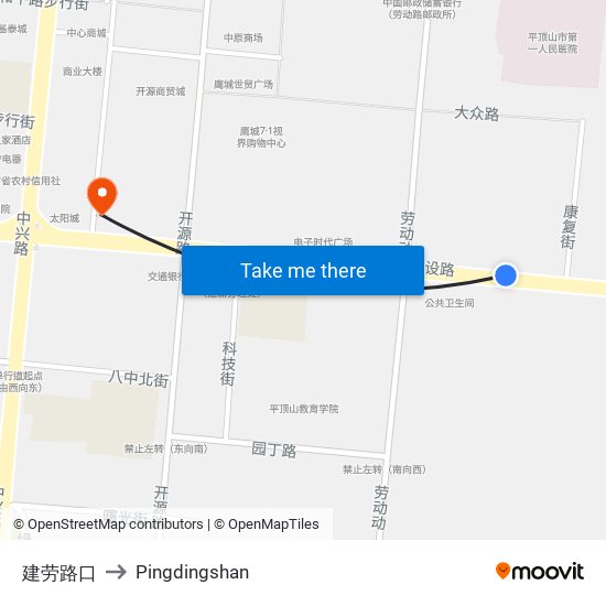 建劳路口 to Pingdingshan map