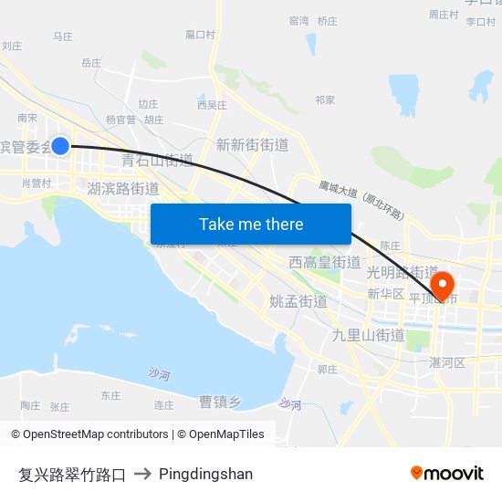 复兴路翠竹路口 to Pingdingshan map