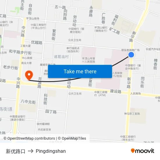 新优路口 to Pingdingshan map
