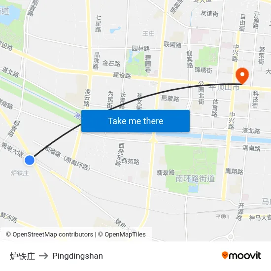 炉铁庄 to Pingdingshan map