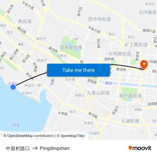 中留村路口 to Pingdingshan map