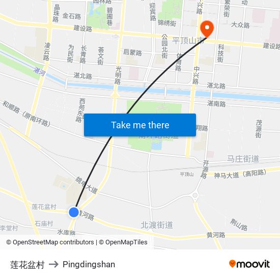 莲花盆村 to Pingdingshan map