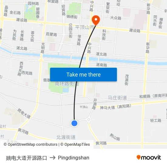 姚电大道开源路口 to Pingdingshan map